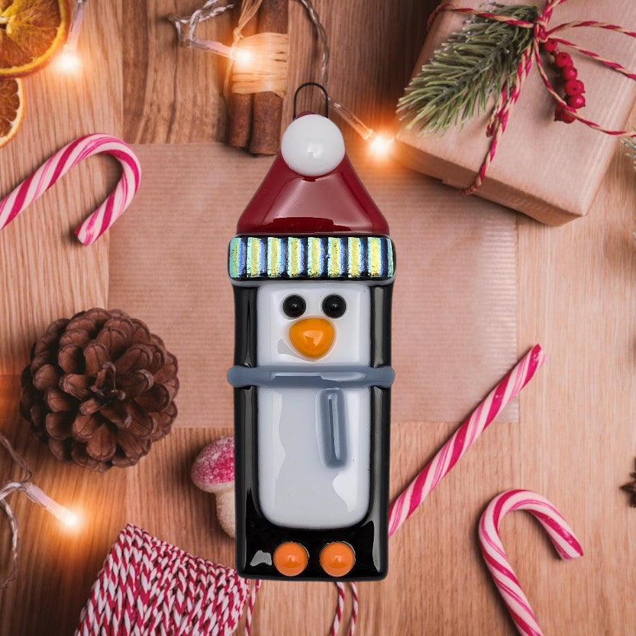 Penguin Handmade Fused Glass Ornament with Dichroic Glass- 