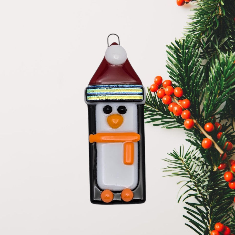 Penguin Handmade Fused Glass Ornament with Dichroic Glass- 