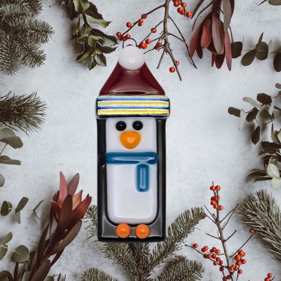 Penguin Handmade Fused Glass Ornament with Dichroic Glass- 