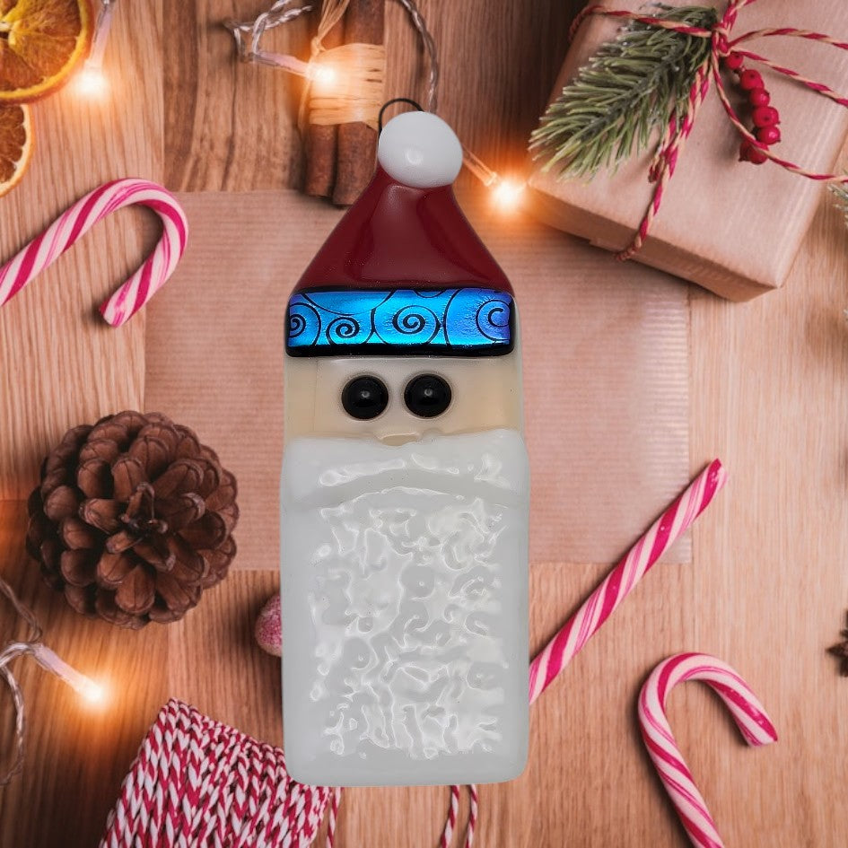 Santa Handmade Fused Glass Ornament with Dichroic Glass- 