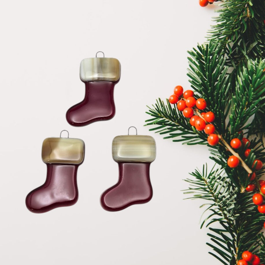 Single or Set of Three Adorable CHRISTMAS STOCKING Handmade Fused Glass Ornaments Gift Tag-Number of Ornaments Set of Three