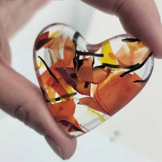 Handmade Fused Glass Pocket HEART Hug Autumn Colors Free Gift Card and Stand Valentine's Teacher Friend Love 90 COE- 