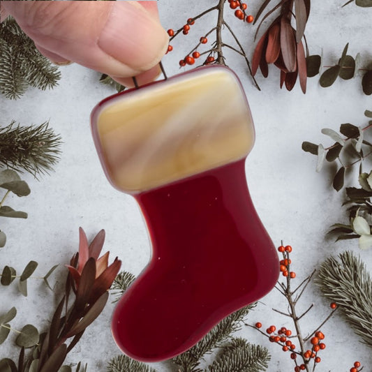 Single or Set of Three Adorable CHRISTMAS STOCKING Handmade Fused Glass Ornaments Gift Tag- 
