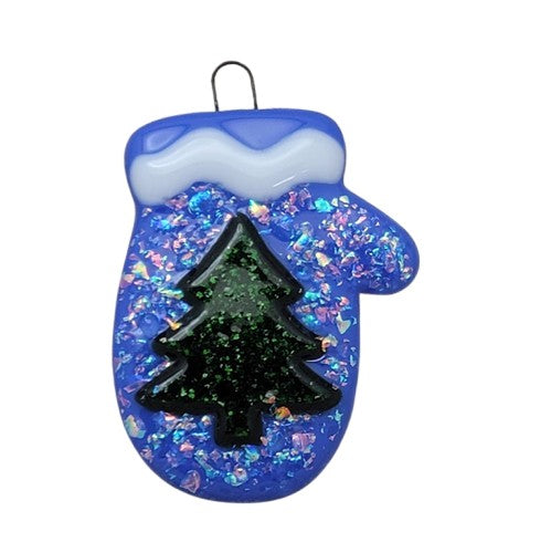 Whimsical Mitten With Dichroic Glass and Sparkly Christmas Tree Handmade Fused Glass Ornament- 