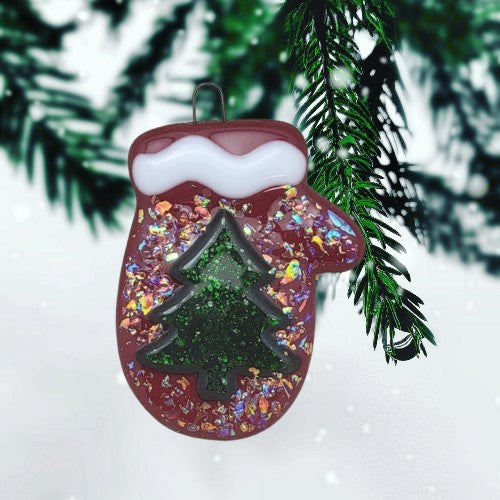 Mitten Dichroic Glass and Sparkly Christmas Tree Handmade Fused Glass Ornament- 