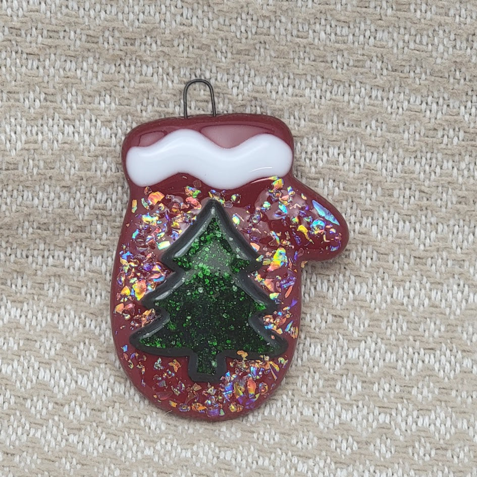 Mitten Dichroic Glass and Sparkly Christmas Tree Handmade Fused Glass Ornament- 