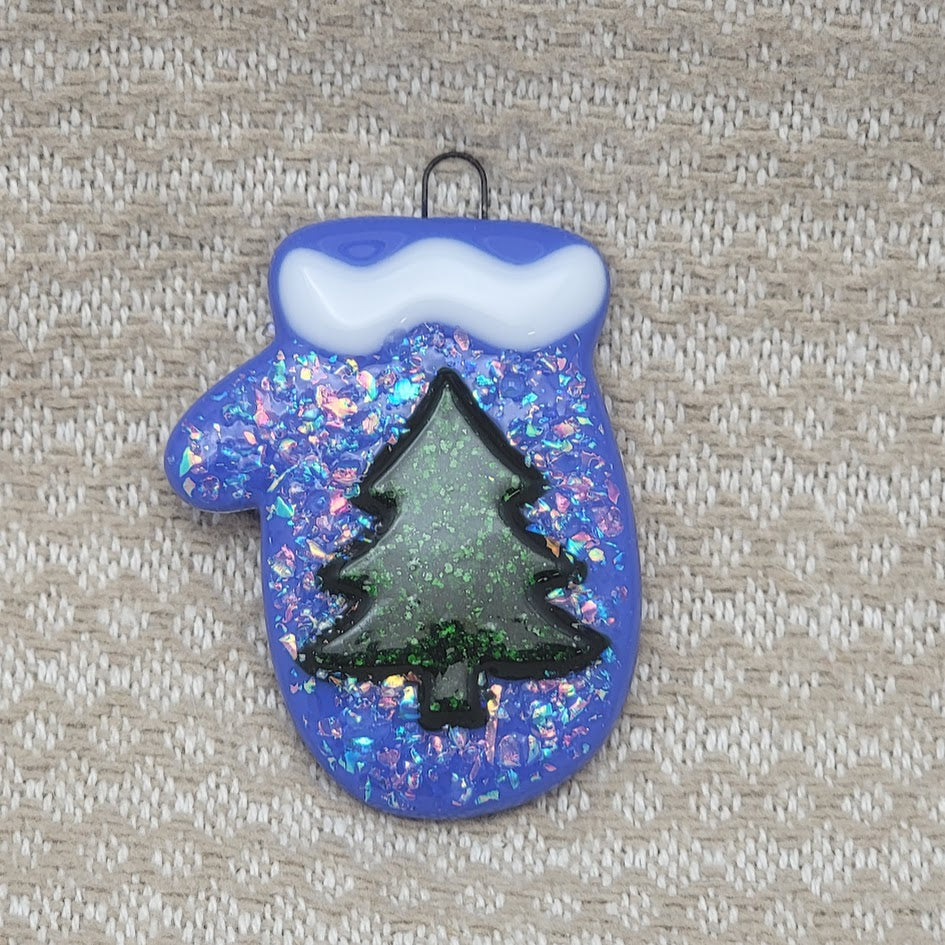 Whimsical Mitten With Dichroic Glass and Sparkly Christmas Tree Handmade Fused Glass Ornament- 