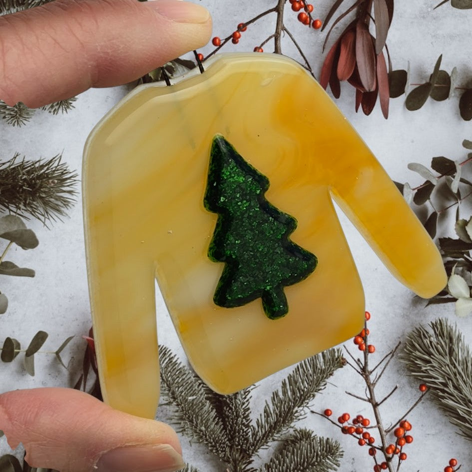 Three Amber & White 96 COE Fusible Sweater Precut Glass 2 6/8 x 2 1/8 in Ornament Christmas Ugly- 