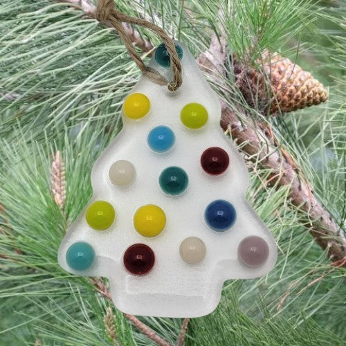 Clear Christmas Tree with Multi-Colored Balls Handmade Fused Glass Ornament- 