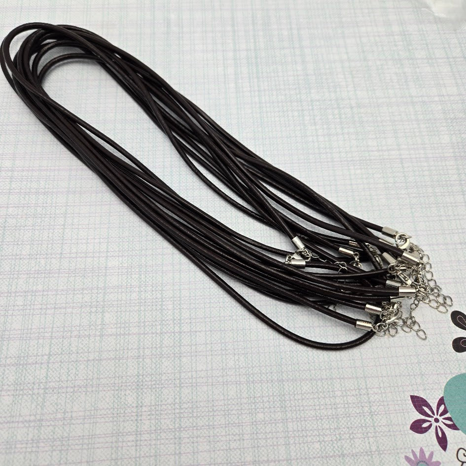 Ten 3mm Brown Leather with Silver Colored Hardware Necklaces 18" + Extender Chain- 