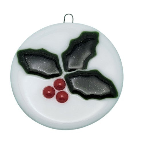 Holly & Berries Christmas Winter Handmade Fused Glass Ornament- 