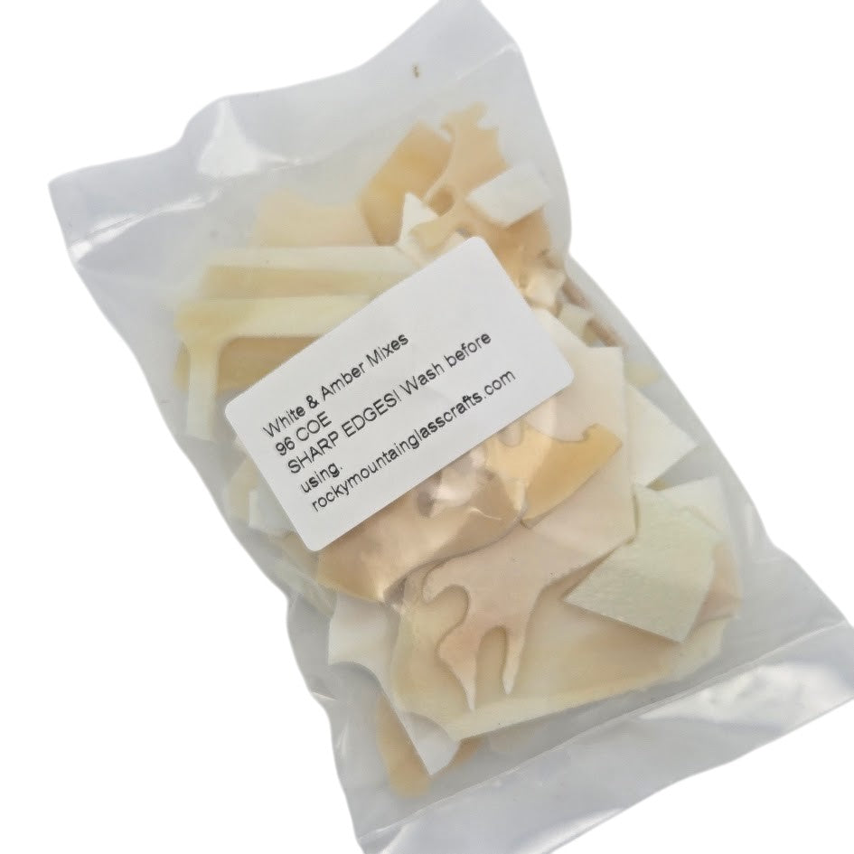 White Opal & Amber Transparent 96 COE Scrap Glass 8 ounce Package 96COE Sheet- 
