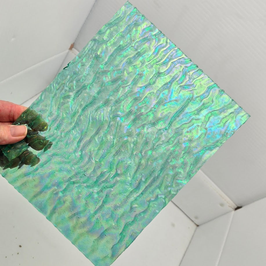 Kokomo 509 Light Blue Green Cathedral Iridized Ripple 9x7 inches or larger Stained Glass- 