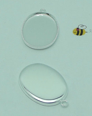 6 PCS BEZEL CUP Silver Plated Brass Solid Back 26x19x2mm OVAL for Glass Pendants- 