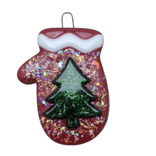 Whimsical Mitten With Dichroic Glass and Sparkly Christmas Tree Handmade Fused Glass Ornament- 