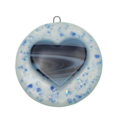 Peppermint Blue Swirl Heart Handmade Fused Glass Ornament- 