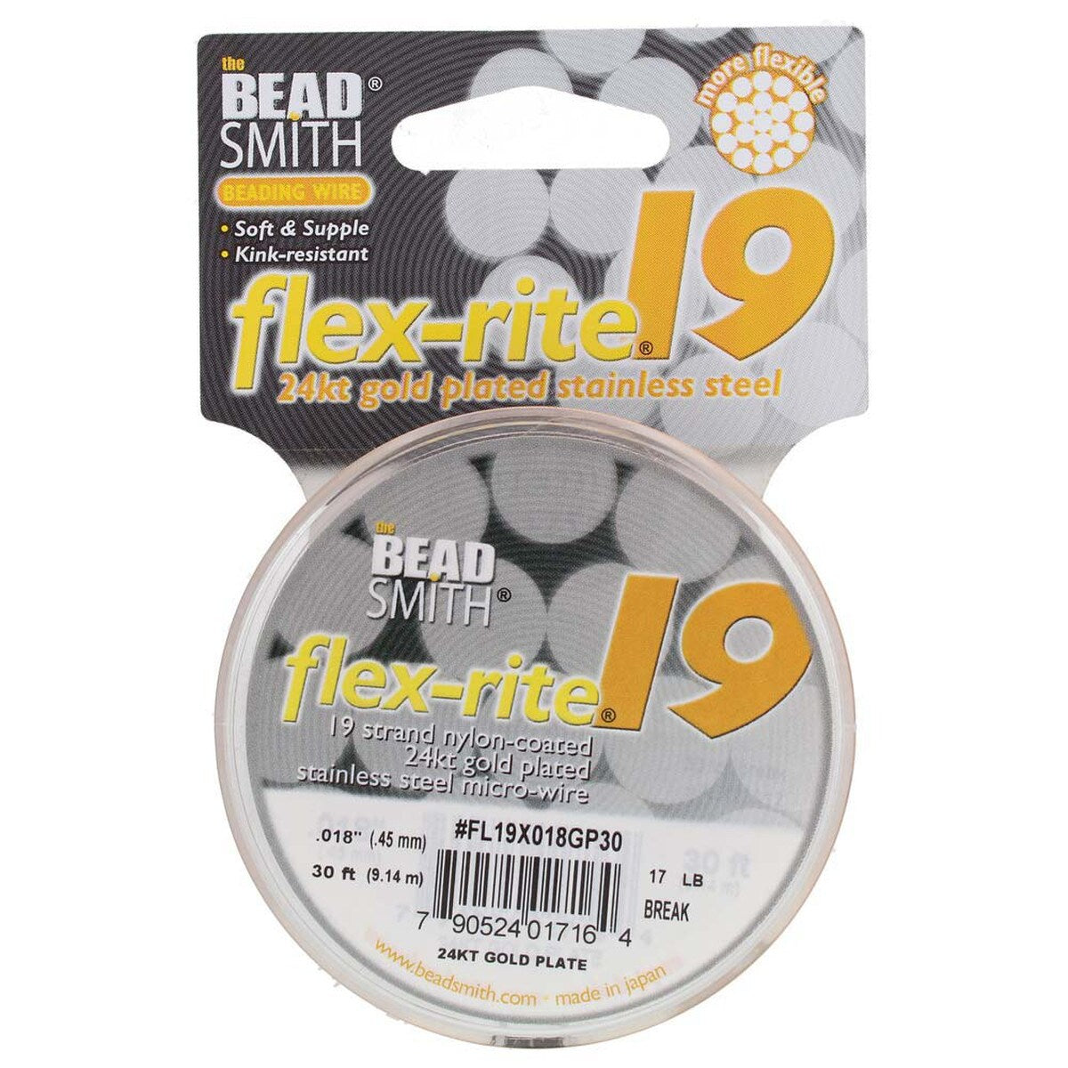 24KT GOLD PLATED .018" 19 Strand 30' BEADSMITH FLEX-RITE Beading Wire FLEXRITE- 