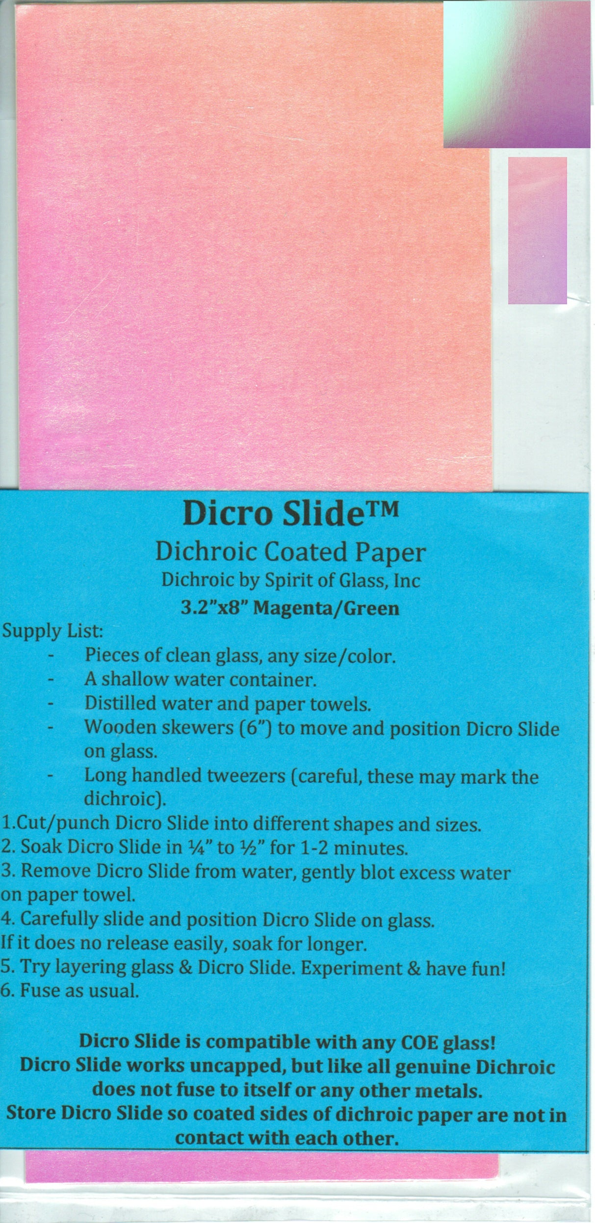 FULL SHEET DICRO SLIDE Dichroic Coated Paper MAGENTA GREEN 3.2 x 8" any COE- 