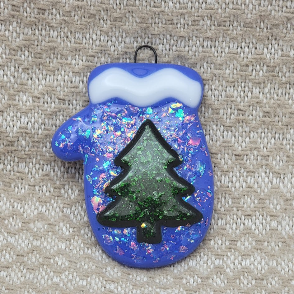 Mitten Dichroic Glass and Sparkly Christmas Tree Handmade Fused Glass Ornament- 