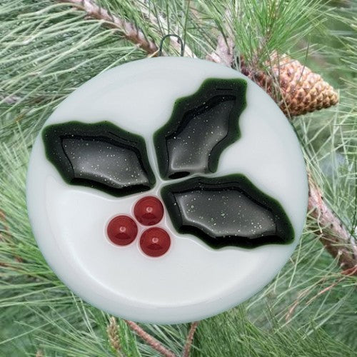 Holly & Berries Christmas Winter Handmade Fused Glass Ornament- 