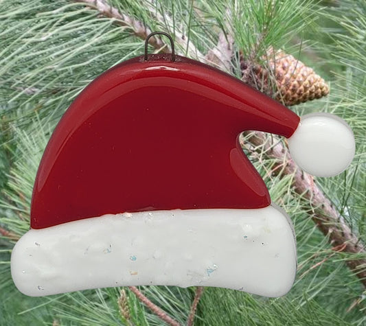 Adorable Winter Santa's Hat Handmade Fused Glass Ornament- 