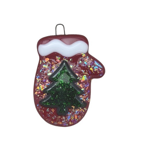 Mitten Dichroic Glass and Sparkly Christmas Tree Handmade Fused Glass Ornament- 