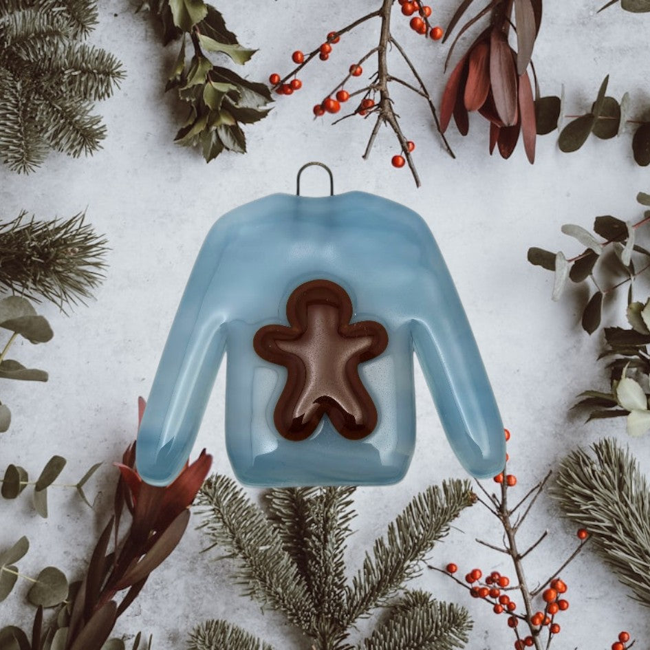 Holiday Sweater Handmade Fused Glass Ornament Blue Gingerbread Man- 