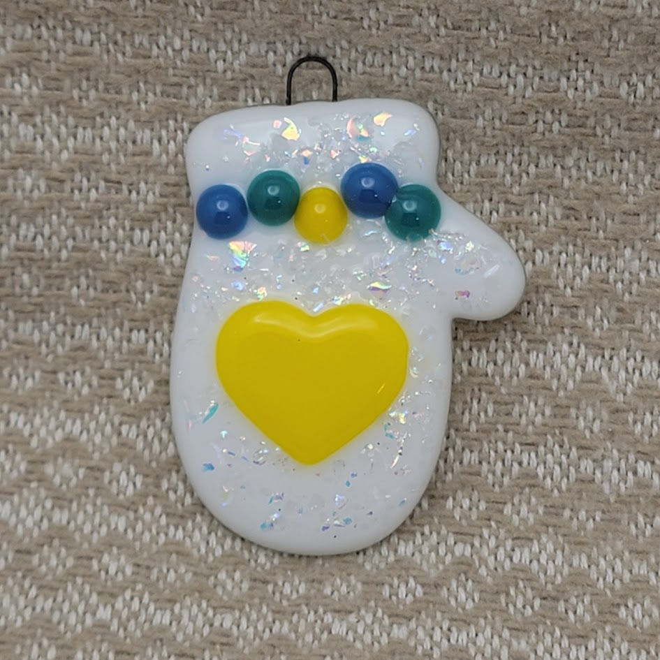 Mitten Dichroic Glass and Yellow Heart Handmade Fused Glass Ornament- 