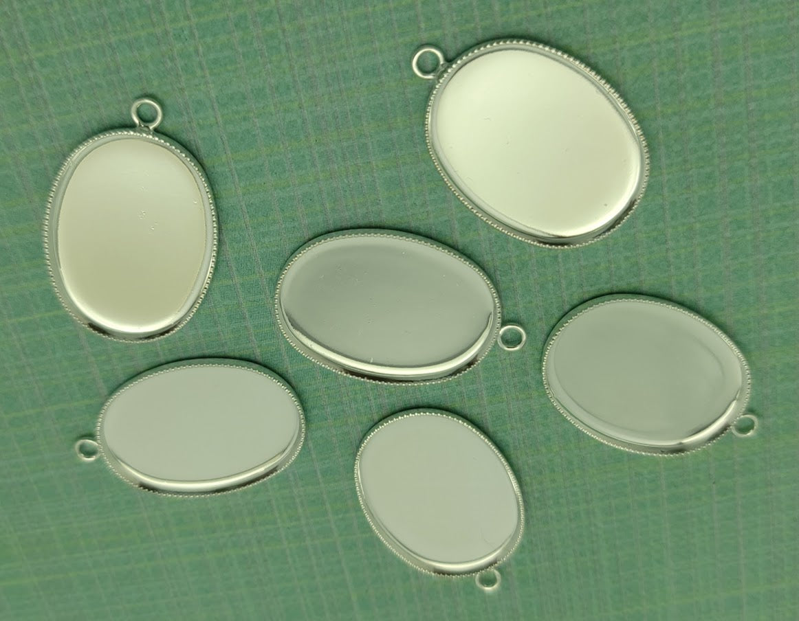 6 PCS BEZEL CUP Silver Plated Brass Solid Back 26x19x2mm OVAL for Glass Pendants- 