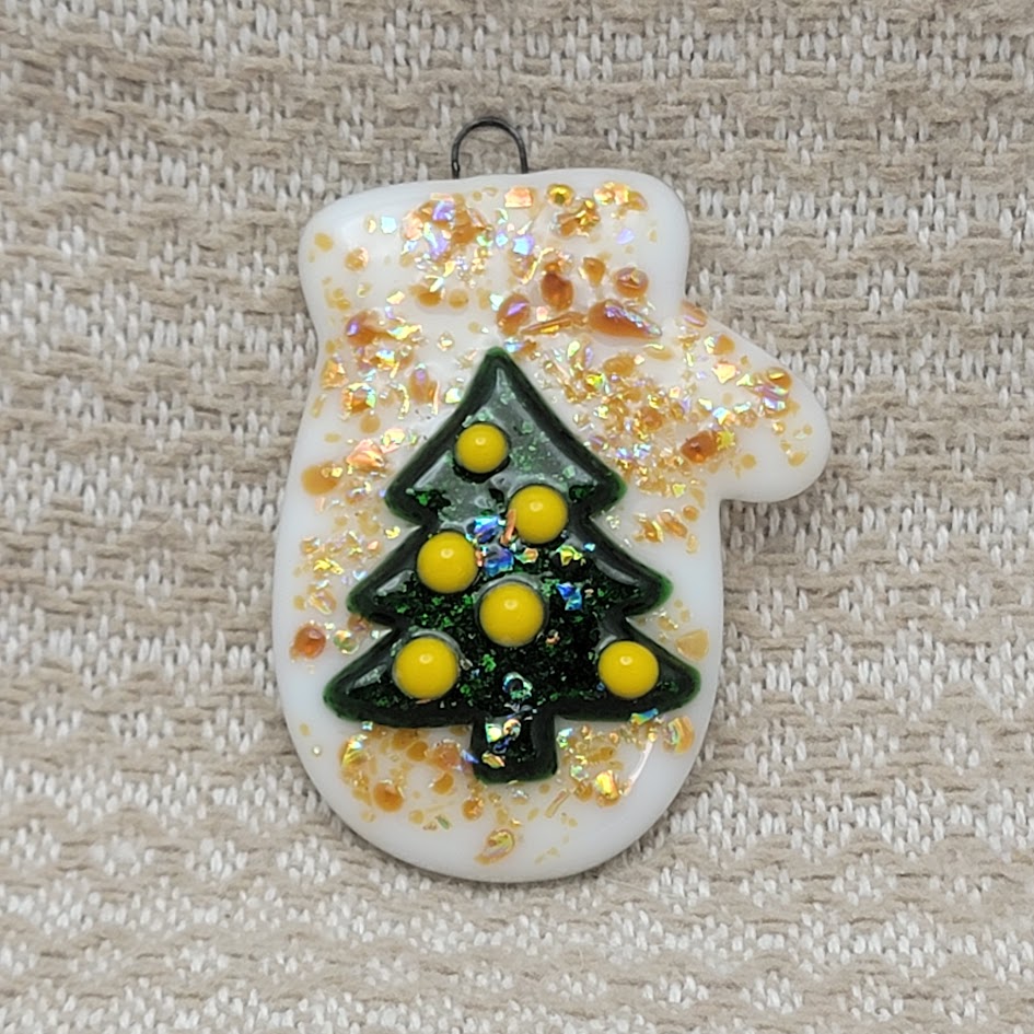 Mitten Dichroic Sparkly Christmas Tree Handmade Fused Glass Ornament- 