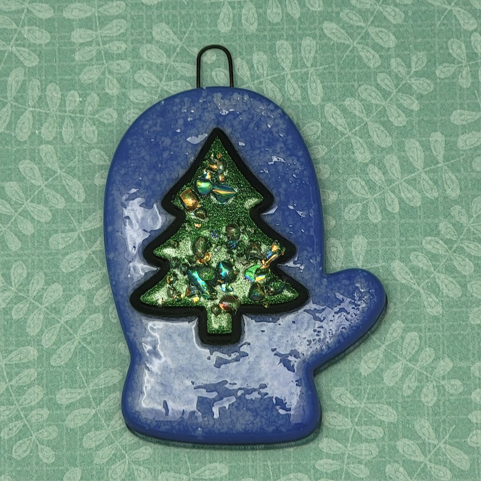 Whimsical Blue Mitten with Christmas Tree Handmade Fused Glass Ornament- 