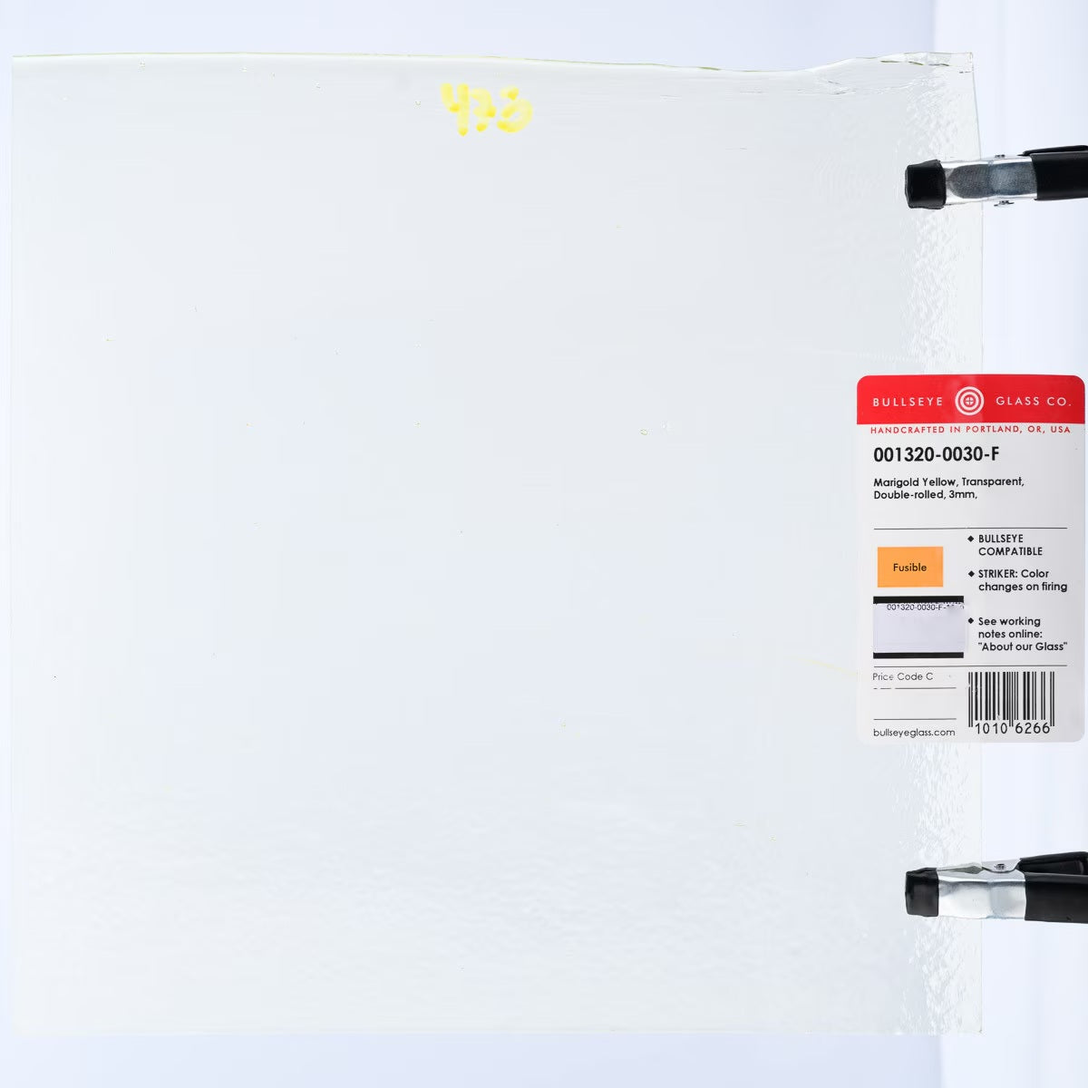 1320 Marigold Yellow Transparent 90 COE Bullseye Fusing Glass Sheet 5x5 inch 3mm Striker 90COE- 