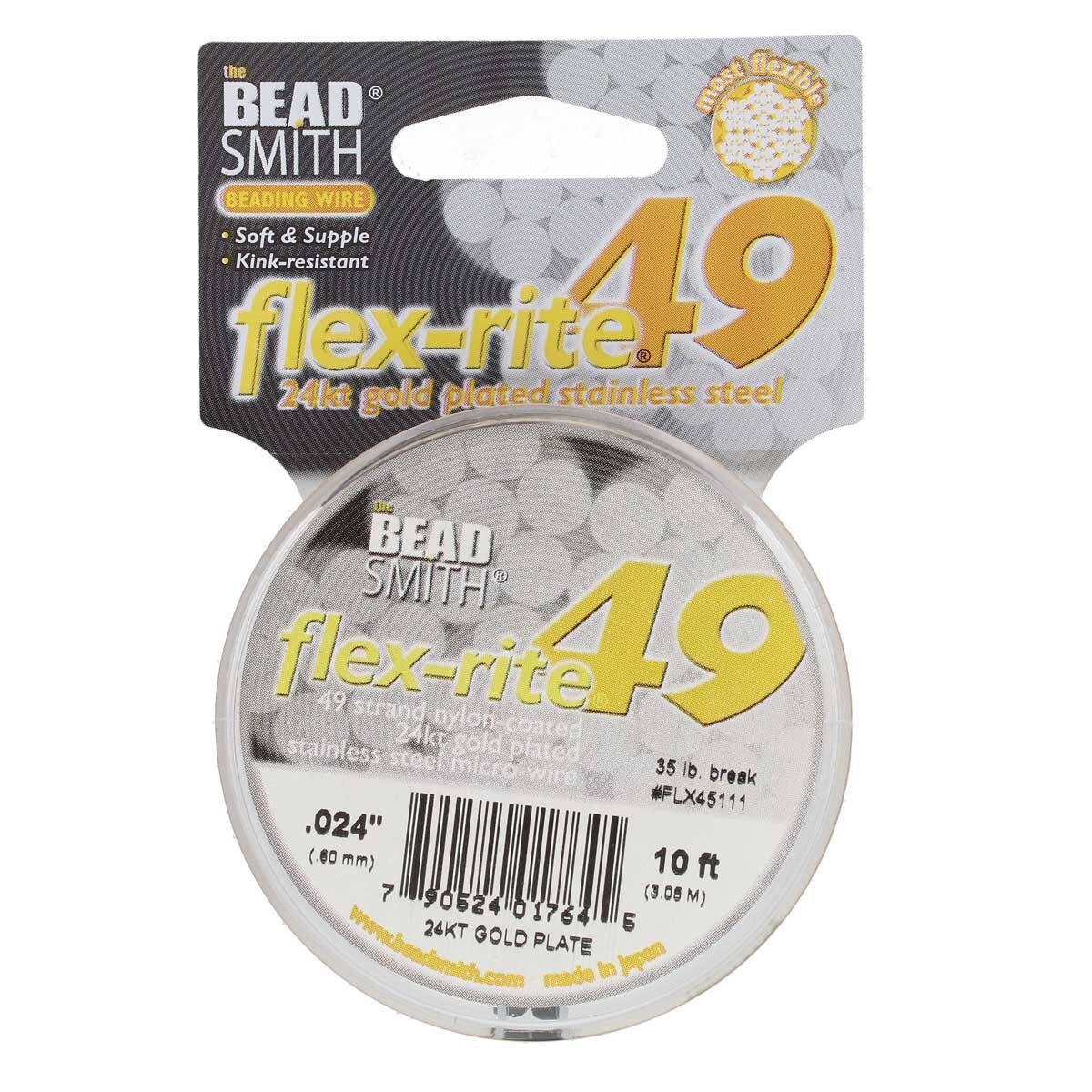 24KT GOLD PLATED .024" 49 Strand 10' BEADSMITH FLEX-RITE Beading Wire FLEXRITE- 