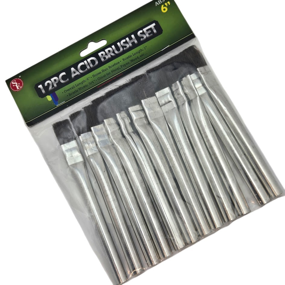 12 WIDE Acid Quality BRUSHES 6" long Stained Glass Flux Dozen Horse Hair Paint- 