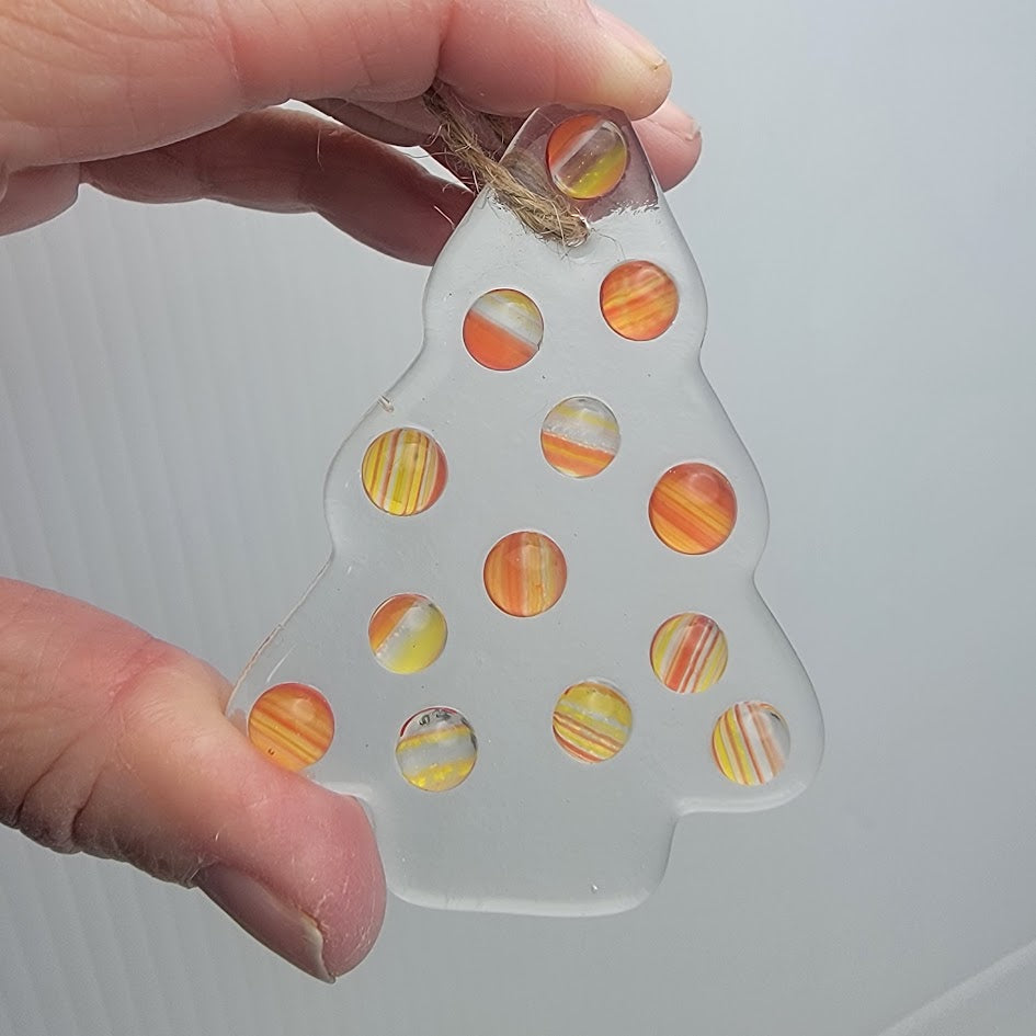 Clear Christmas Tree with Multi-Colored Balls Handmade Fused Glass Ornament- 