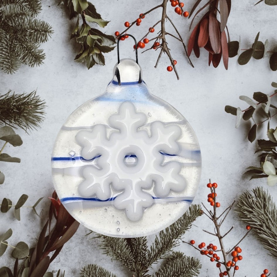 Holiday Snowflake Handmade Fused Glass Ornament CLEAR with Blue & White Streamers- 