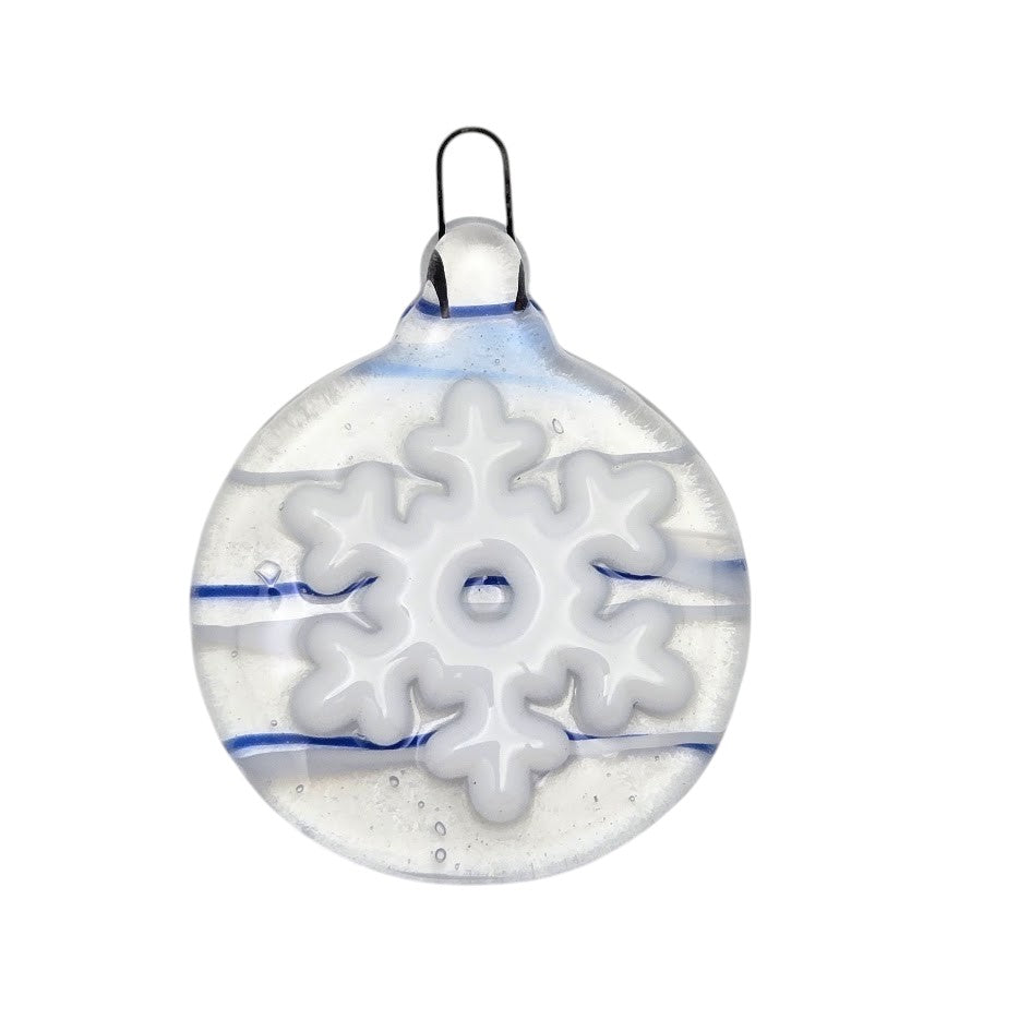 Holiday Snowflake Handmade Fused Glass Ornament CLEAR with Blue & White Streamers- 
