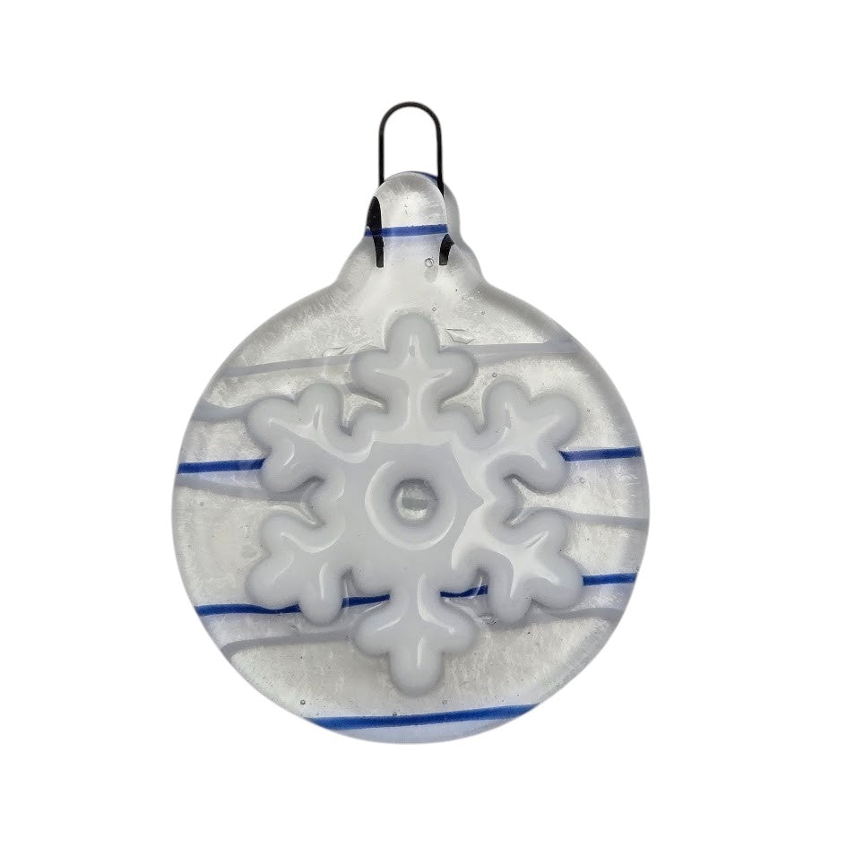 Holiday Snowflake Handmade Fused Glass Ornament CLEAR with Blue & White Streamers- 