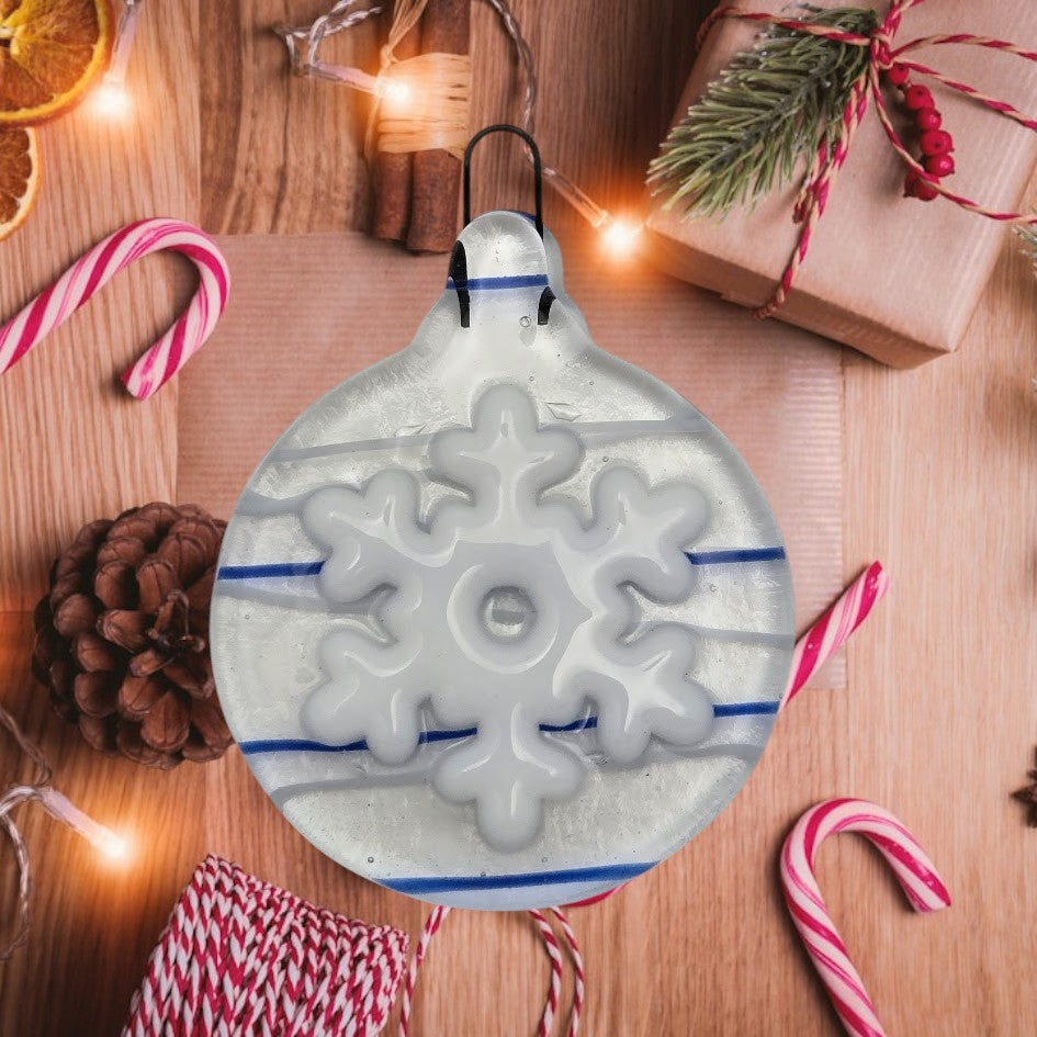 Holiday Snowflake Handmade Fused Glass Ornament CLEAR with Blue & White Streamers- 