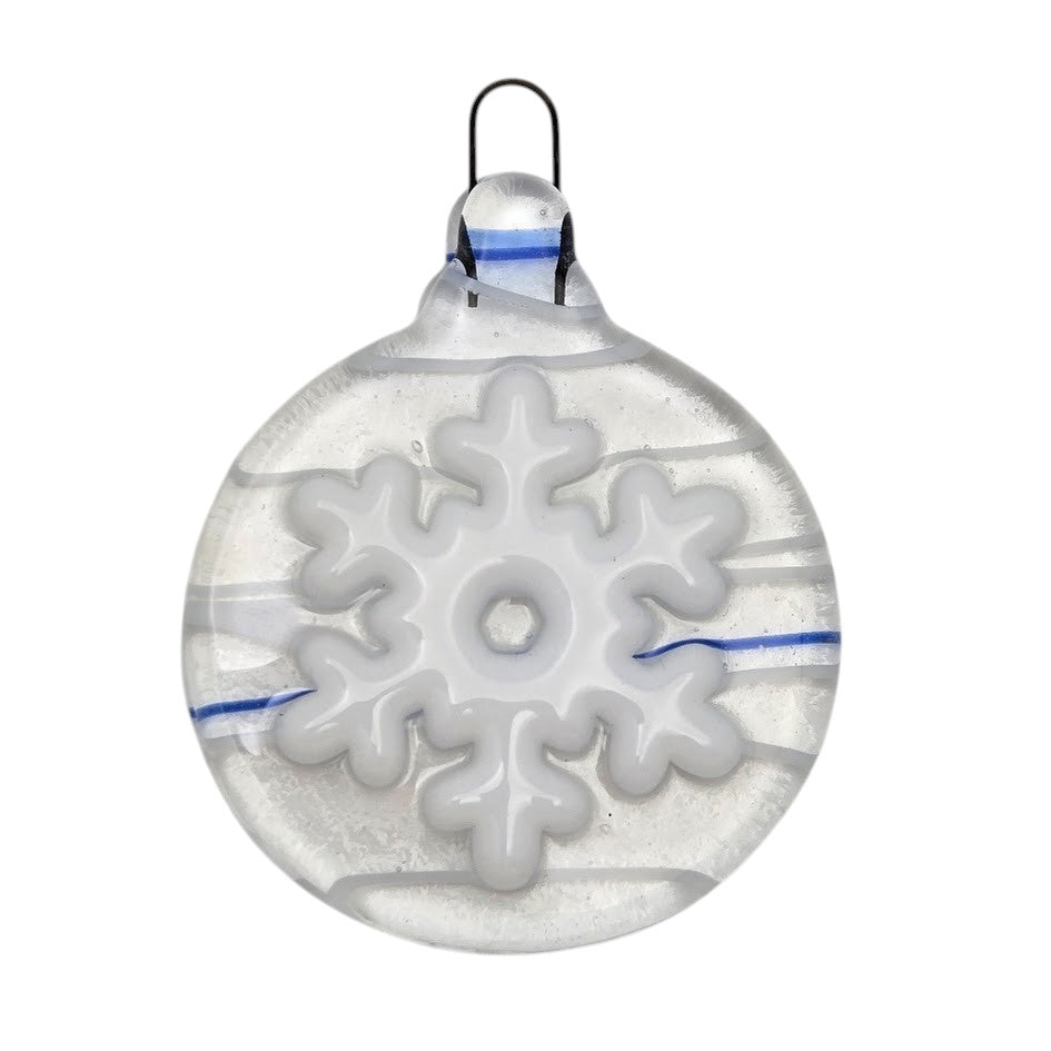 Holiday Snowflake Handmade Fused Glass Ornament CLEAR with Blue & White Streamers- 