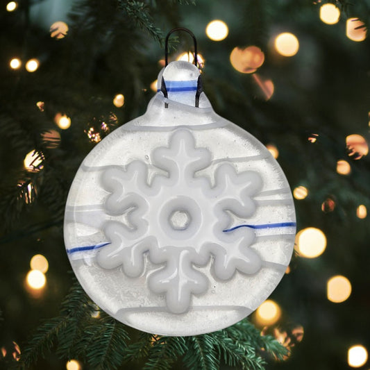 Holiday Snowflake Handmade Fused Glass Ornament CLEAR with Blue & White Streamers- 