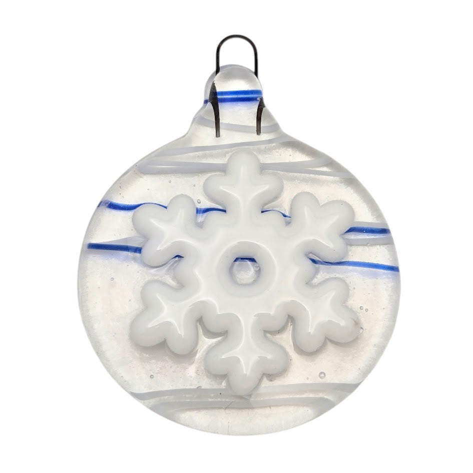Holiday Snowflake Handmade Fused Glass Ornament CLEAR with Blue & White Streamers- 