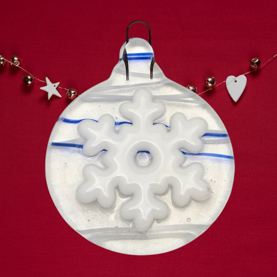 Holiday Snowflake Handmade Fused Glass Ornament CLEAR with Blue & White Streamers- 