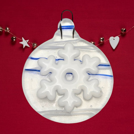 Holiday Snowflake Handmade Fused Glass Ornament CLEAR with Blue & White Streamers- 
