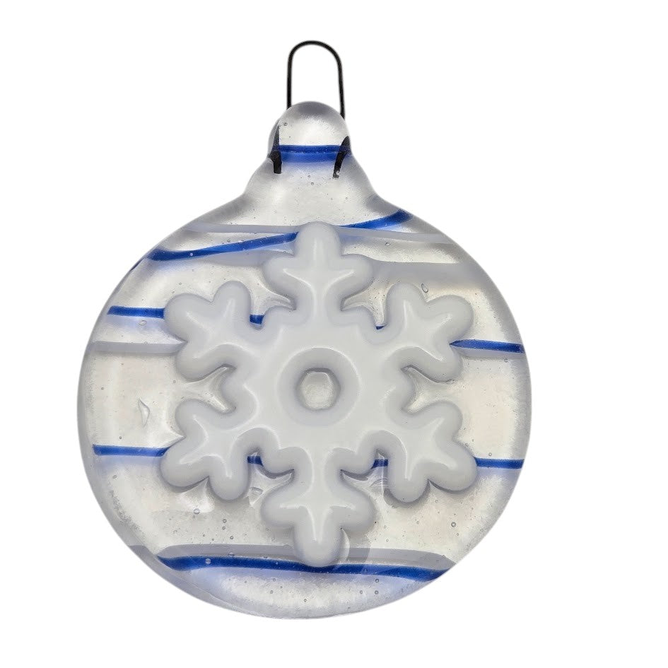 Holiday Snowflake Handmade Fused Glass Ornament CLEAR with Blue & White Streamers- 