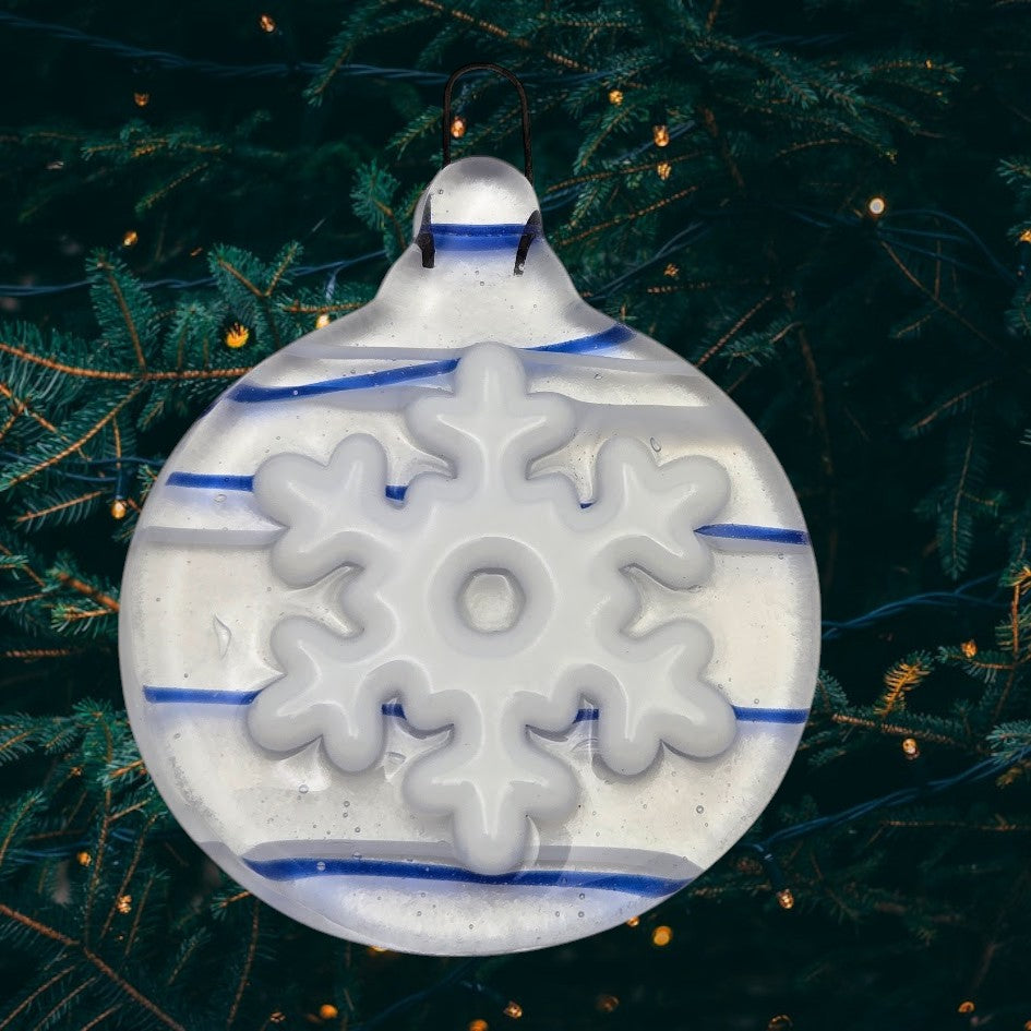 Holiday Snowflake Handmade Fused Glass Ornament CLEAR with Blue & White Streamers- 