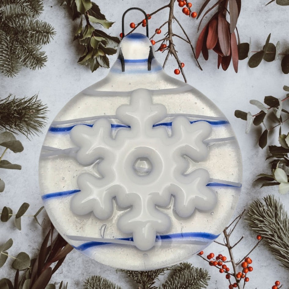 Holiday Snowflake Handmade Fused Glass Ornament CLEAR with Blue & White Streamers- 