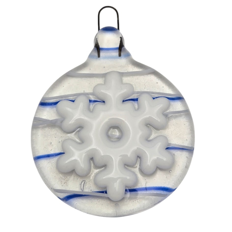 Holiday Snowflake Handmade Fused Glass Ornament CLEAR with Blue & White Streamers- 