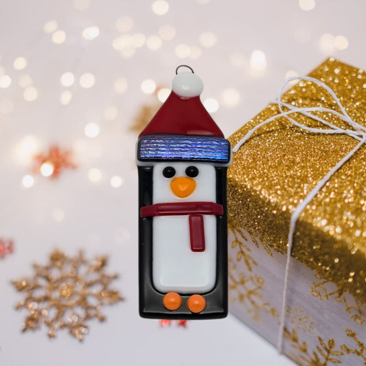 Penguin Handmade Fused Glass Ornament with Dichroic Glass- 