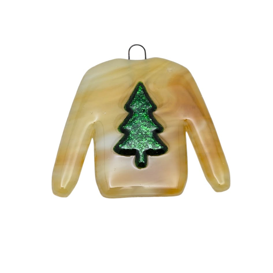 Holiday Sweater Handmade Fused Glass Ornament Amber and White- 